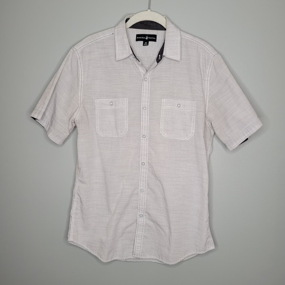Beverly Hills Polo Club button up men's size M white striped short sleeve‎ shirt - Picture 1 of 7
